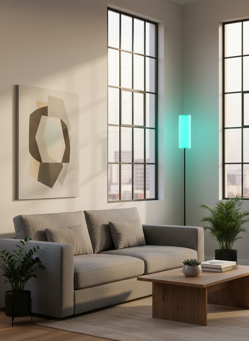 Lámpara RGB en loft moderno con luz cyan